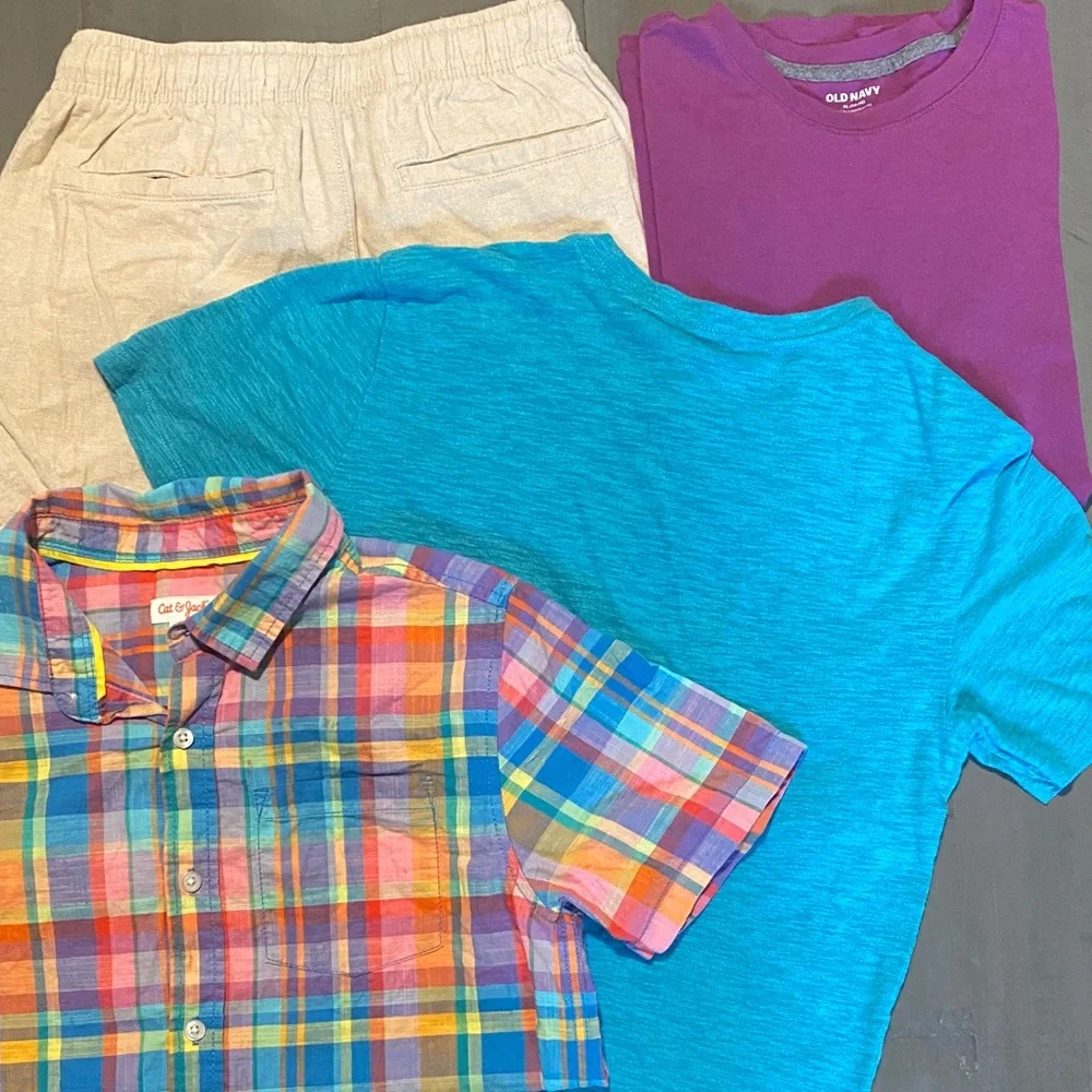 Old Navy Linen Pants Multicolor Shirts and Cat & Jack Plaid Button Down Shirt